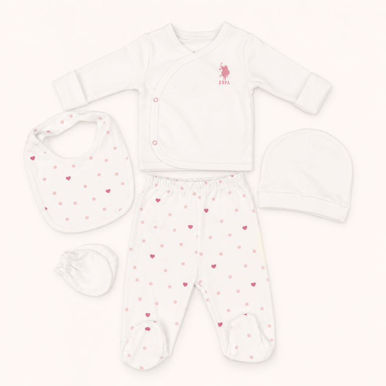 Pink Heart Five Piece Newborn Cotton Set