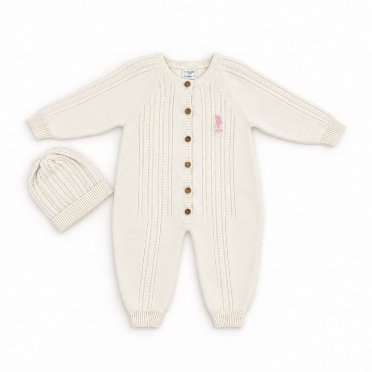 Cream Knitted Baby Romper with Matching Hat